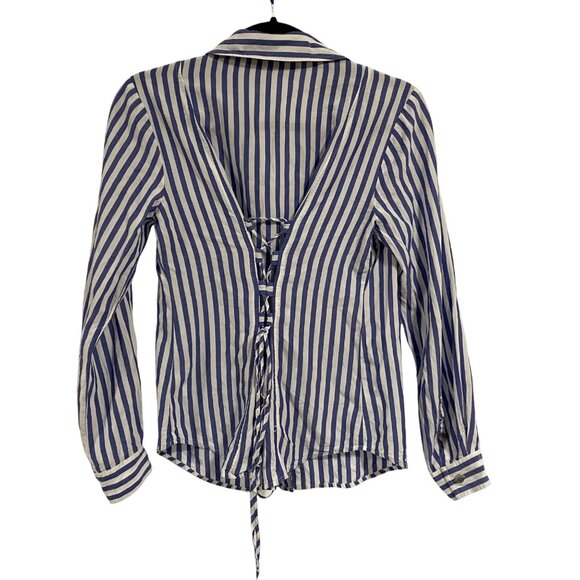 Pilcro and the Letterpress Blue White Striped Button Up Tie Back Blouse Size 6 - Picture 8 of 10